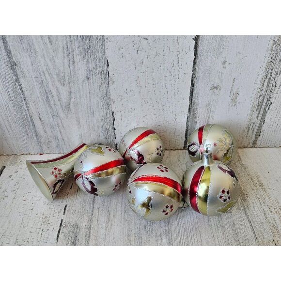 Vintage silver glitter ball ornament bell Xmas tree set - Picture 1 of 7